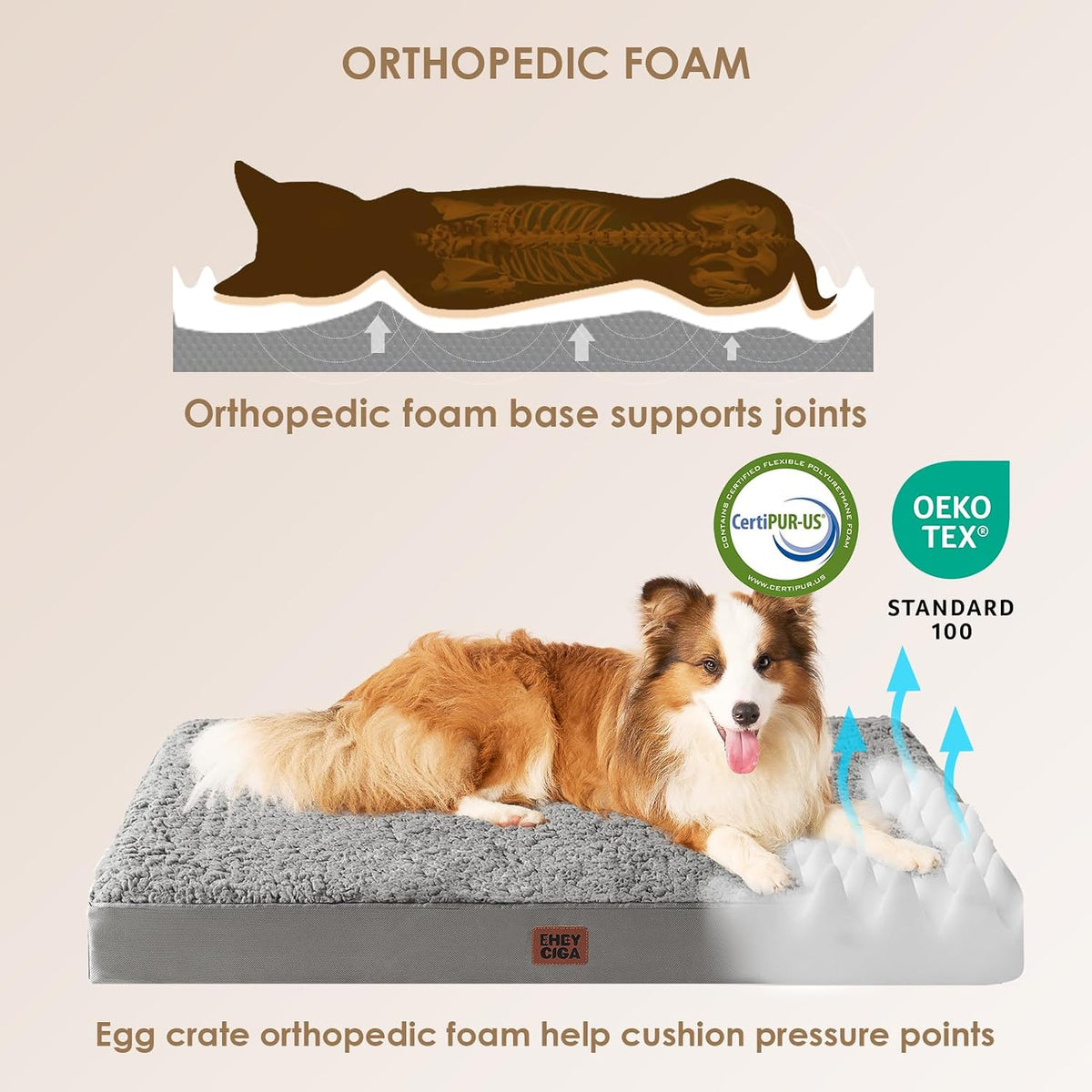 Orthopedic Dog Bed Large with Removable Washable Cover, 41IN Grey | Egg Crate Foam Support, Durable Oxford fabric, Non-Slip Bottom, Machine Washable, Soft Waterproof Plush Pet Bed Mat For Crate