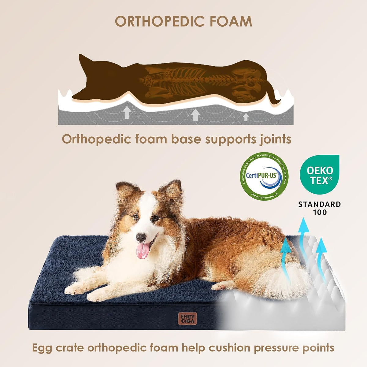 Orthopedic Dog Bed Large with Removable Washable Cover, 41IN Grey | Egg Crate Foam Support, Durable Oxford fabric, Non-Slip Bottom, Machine Washable, Soft Waterproof Plush Pet Bed Mat For Crate