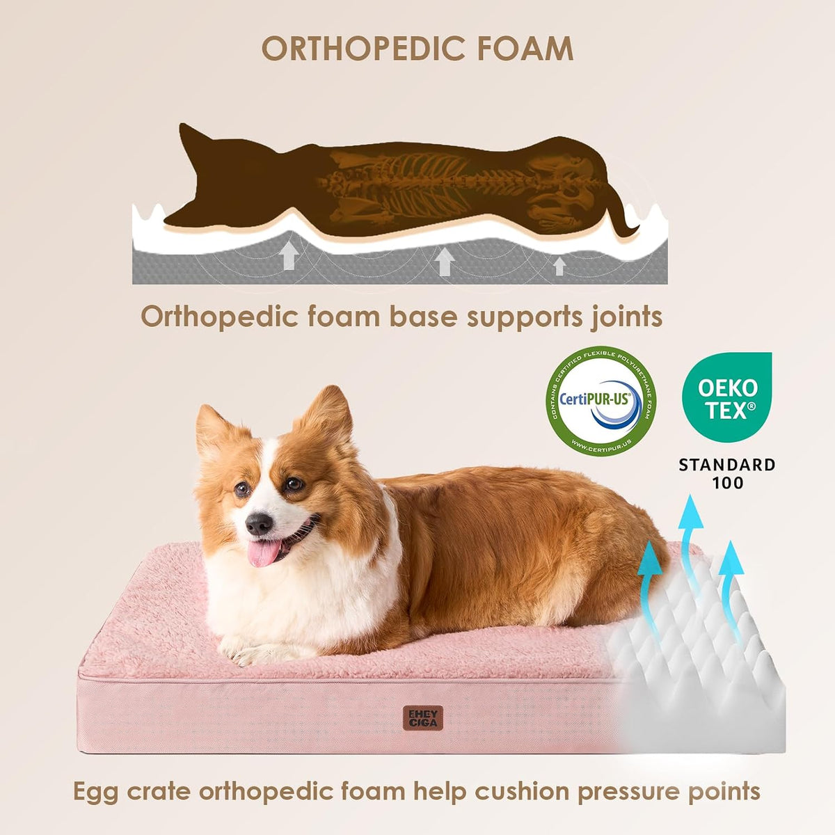 Orthopedic Dog Bed Large with Removable Washable Cover, 41IN Grey | Egg Crate Foam Support, Durable Oxford fabric, Non-Slip Bottom, Machine Washable, Soft Waterproof Plush Pet Bed Mat For Crate