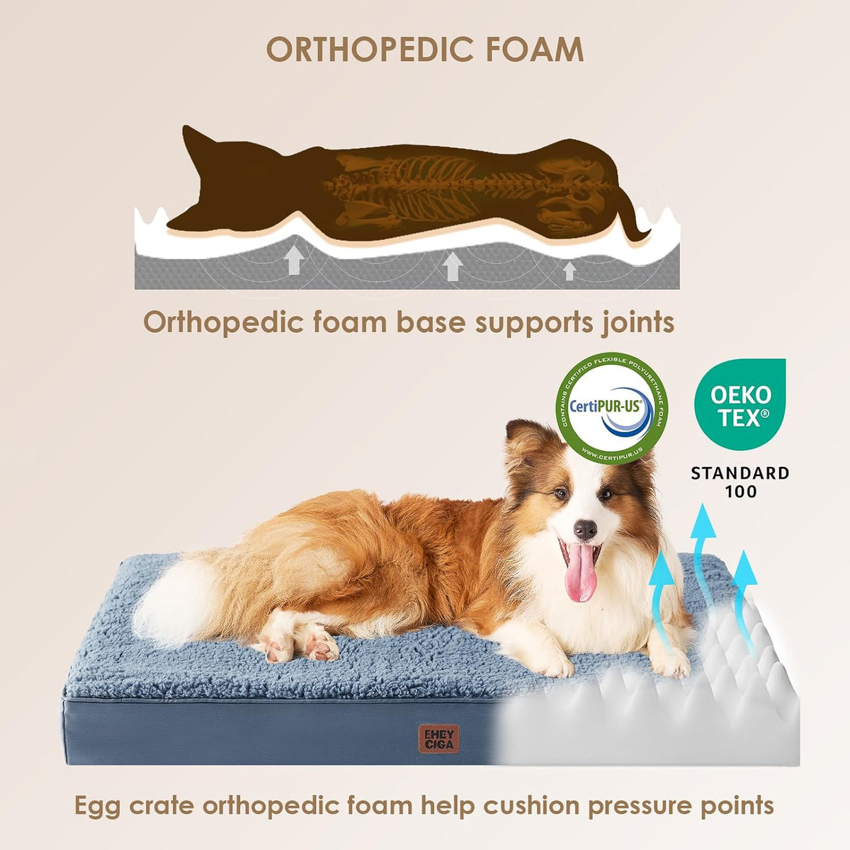Orthopedic Dog Bed Large with Removable Washable Cover, 41IN Grey | Egg Crate Foam Support, Durable Oxford fabric, Non-Slip Bottom, Machine Washable, Soft Waterproof Plush Pet Bed Mat For Crate