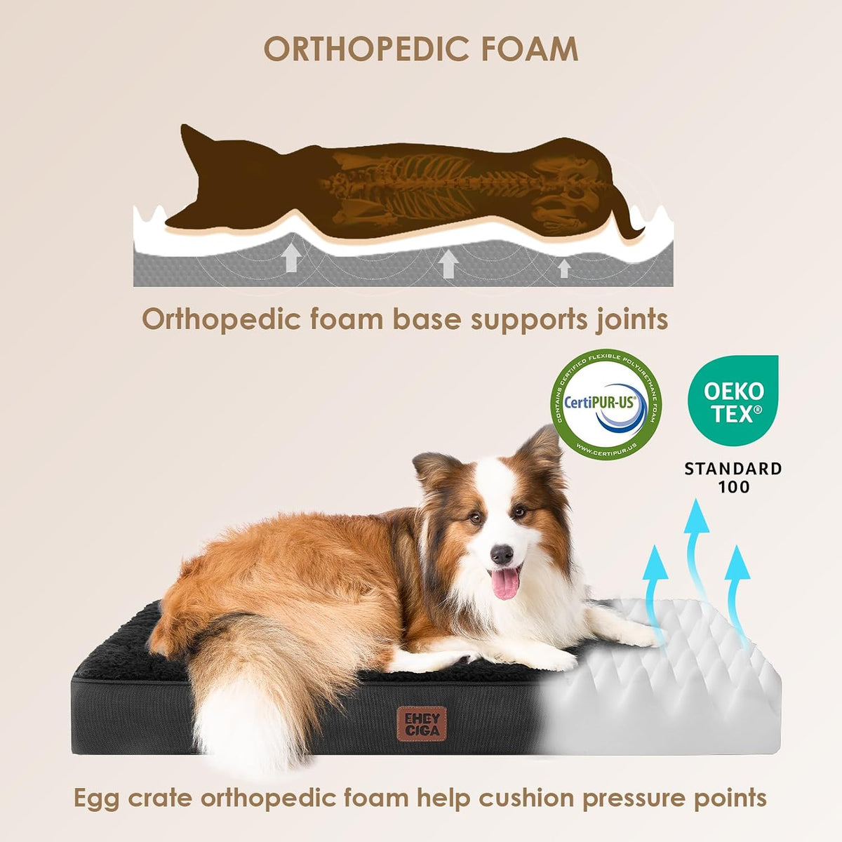 Orthopedic Dog Bed Large with Removable Washable Cover, 41IN Grey | Egg Crate Foam Support, Durable Oxford fabric, Non-Slip Bottom, Machine Washable, Soft Waterproof Plush Pet Bed Mat For Crate