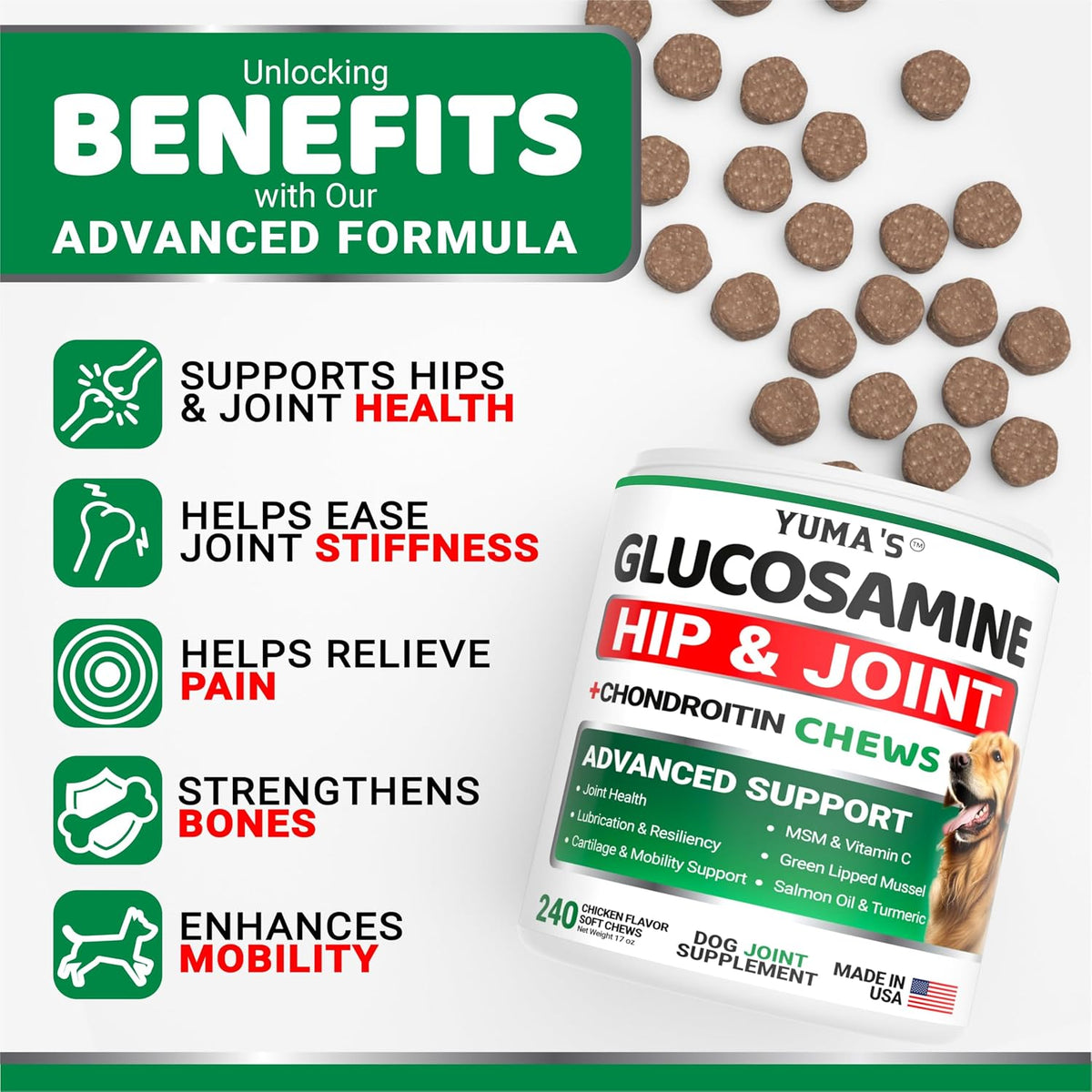 Glucosamine for Dogs - 240 Chews - Hip & Joint Supplement for Dogs