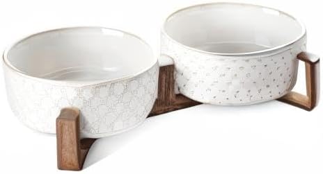 LE TAUCI Dog Bowl Set with Acacia Wood Stand - 1.5-Cup Ceramic Puppy Bowls for Small Dogs, Dual Food and Water Bowls with Weighted Non-Slip Base