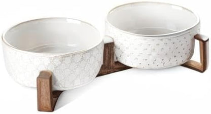 LE TAUCI Dog Bowl Set with Acacia Wood Stand - 1.5-Cup Ceramic Puppy Bowls for Small Dogs, Dual Food and Water Bowls with Weighted Non-Slip Base