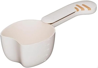 Pet Food Scoop with Measuring Scale, Long Handle Rice Scoop with Bag Clip, Multi-Purpose Measuring Cup for Dog Food, Cat Food, Rice, Grain, Kitchen Storage Scoop (Yellow)