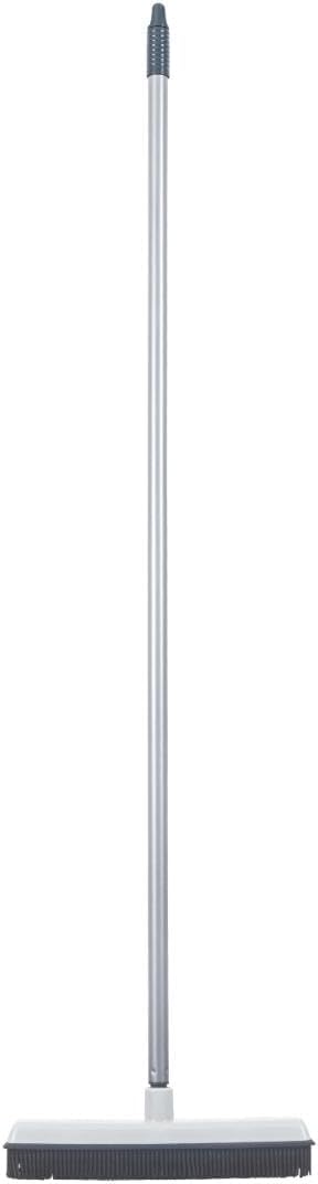 Rubber Bristle Broom for Floors Salon Broom, Rubber Squeegee Broom, Rug Broom, Rubber Rake for Human Hair, Pet Hair, Fur, Lint, Liquid, with 3-Part Handle, Grey