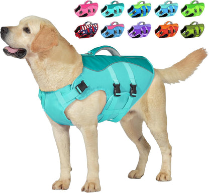 Dog Life Jacket with Handle Adjustable Swim Vest, Pine Green, L