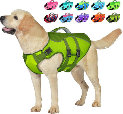 Dog Life Jacket with Handle Adjustable Swim Vest, Pine Green, L
