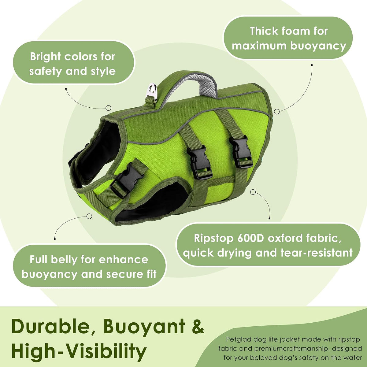 Dog Life Jacket with Handle Adjustable Swim Vest, Pine Green, L