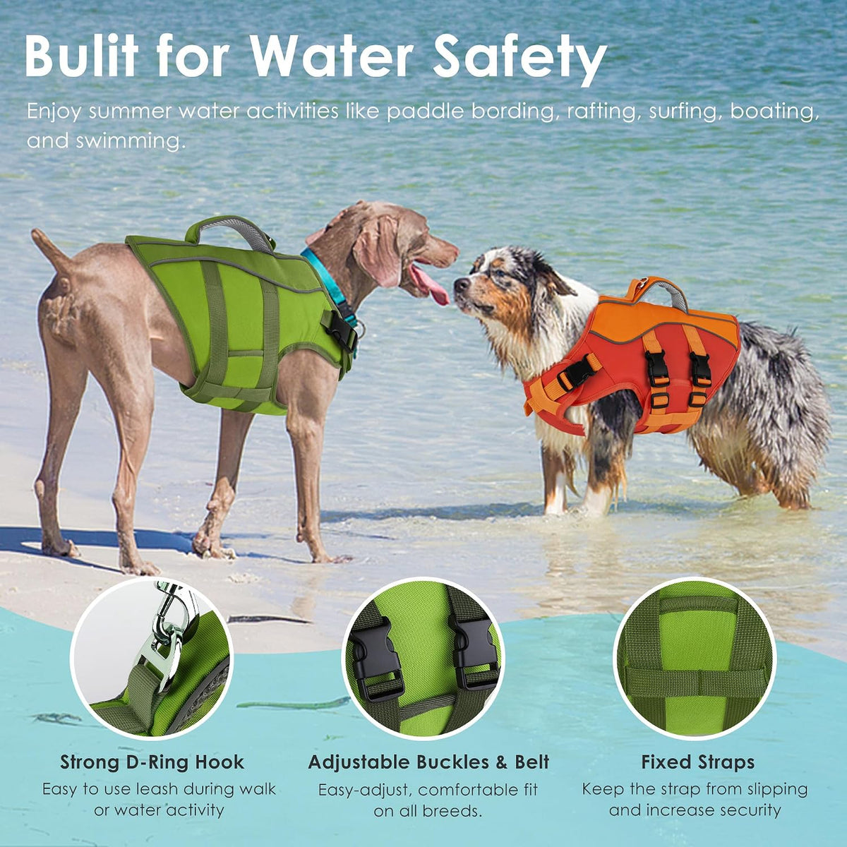 Dog Life Jacket with Handle Adjustable Swim Vest, Pine Green, L