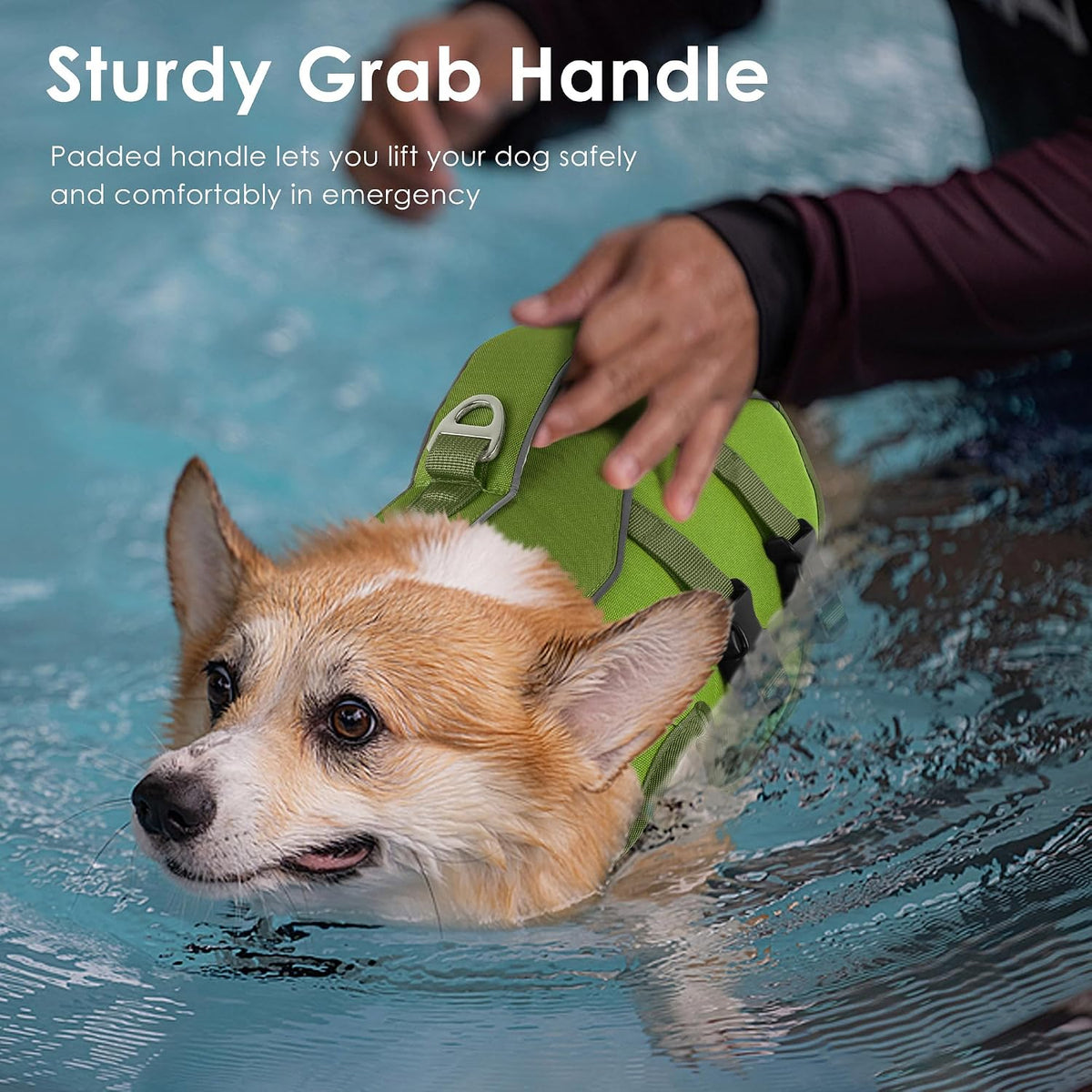 Dog Life Jacket with Handle Adjustable Swim Vest, Pine Green, L