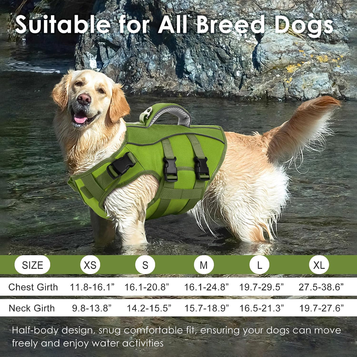 Dog Life Jacket with Handle Adjustable Swim Vest, Pine Green, L