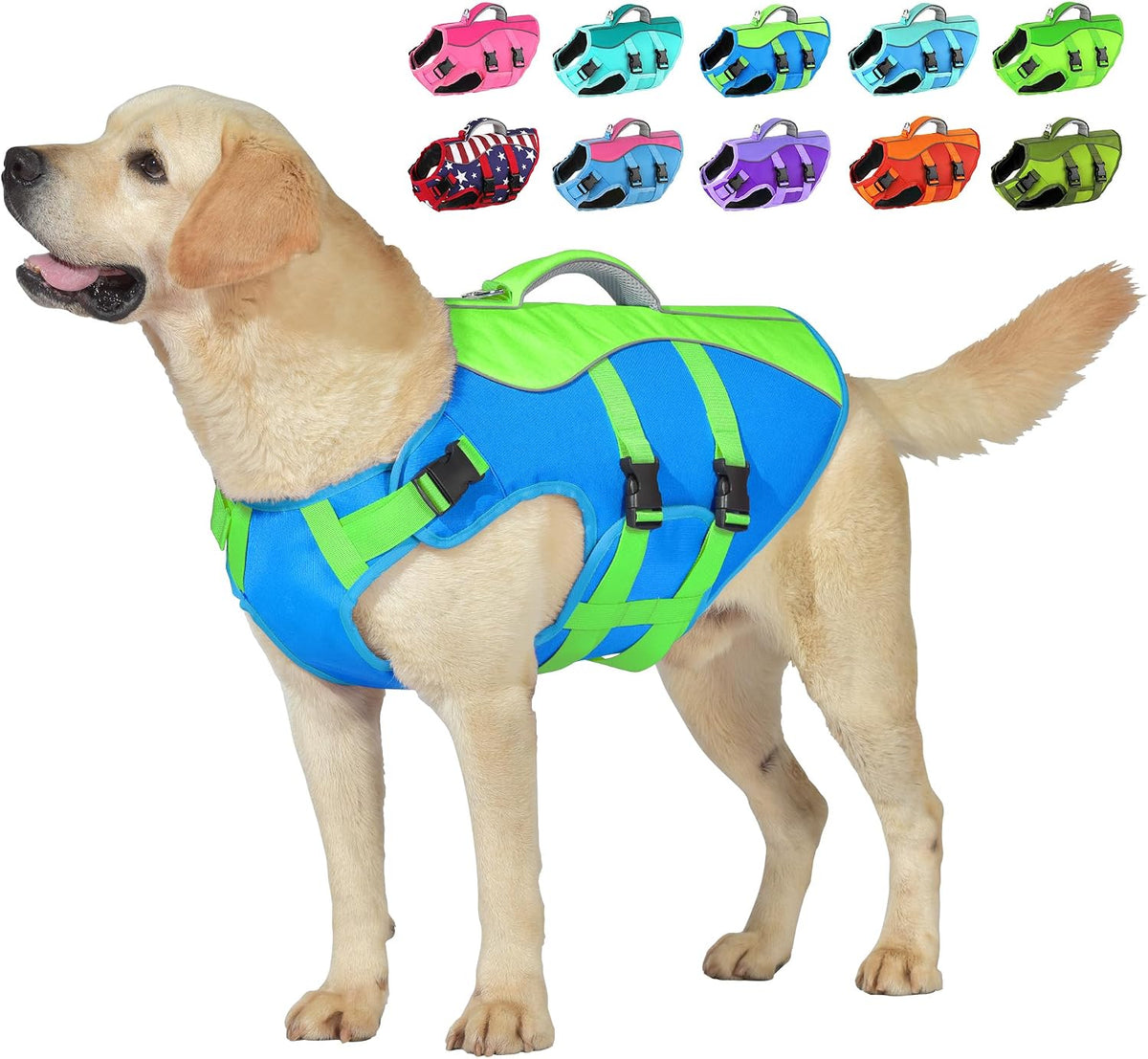 Dog Life Jacket with Handle Adjustable Swim Vest, Pine Green, L