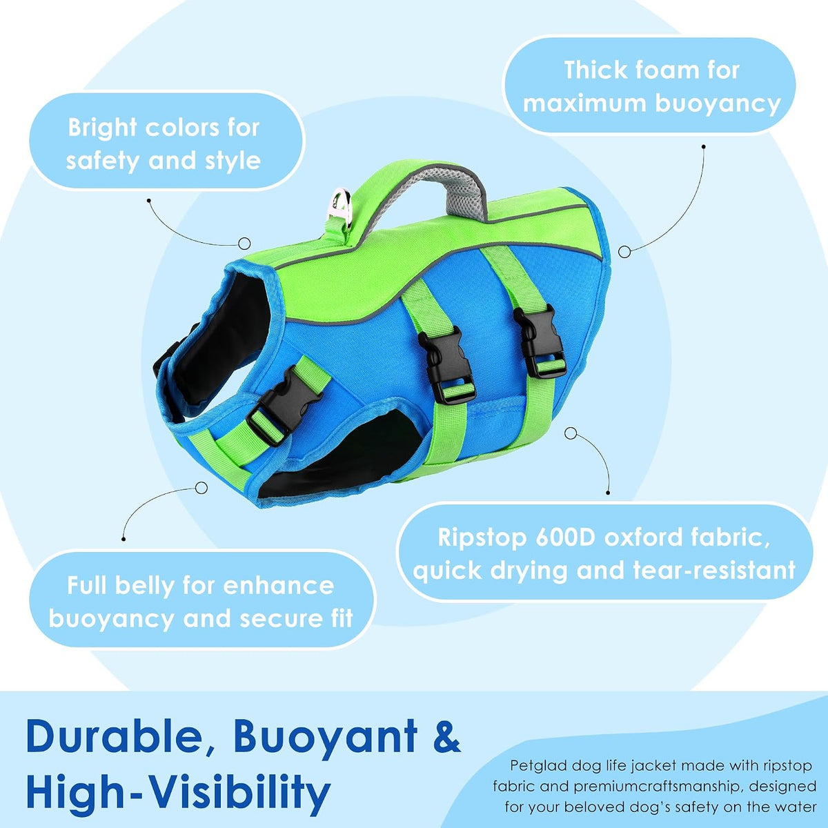 Dog Life Jacket with Handle Adjustable Swim Vest, Pine Green, L