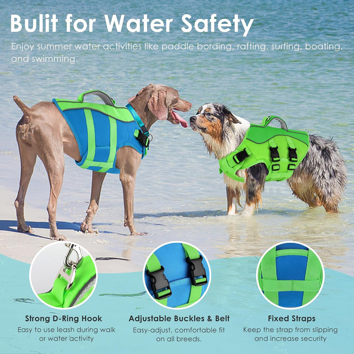 Dog Life Jacket with Handle Adjustable Swim Vest, Pine Green, L