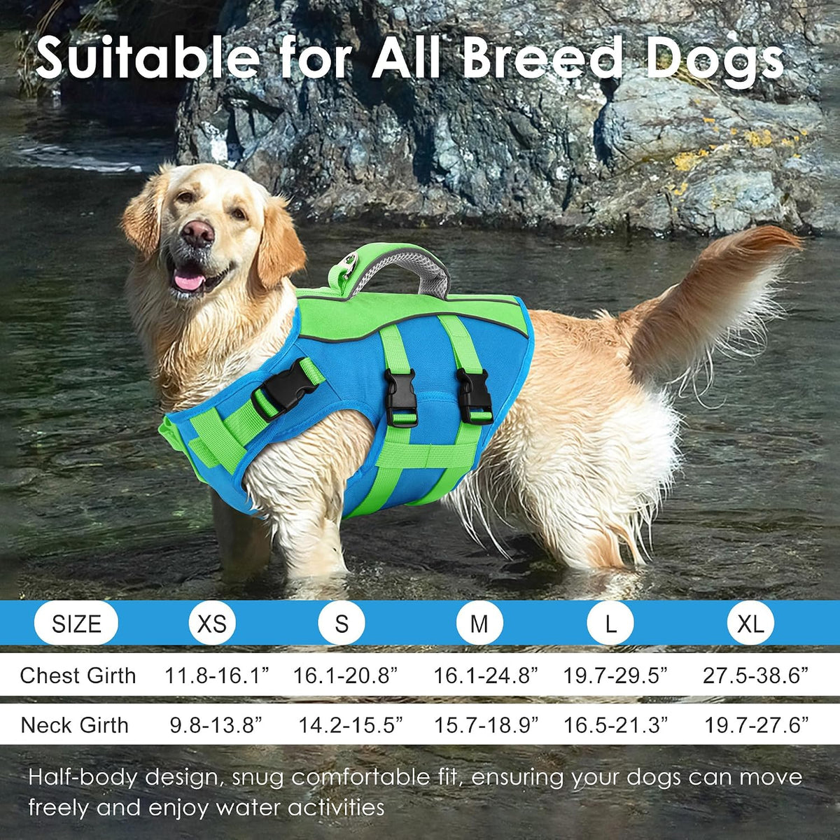 Dog Life Jacket with Handle Adjustable Swim Vest, Pine Green, L