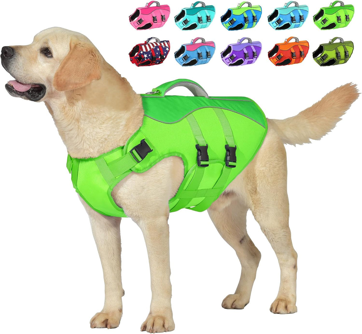 Dog Life Jacket with Handle Adjustable Swim Vest, Pine Green, L