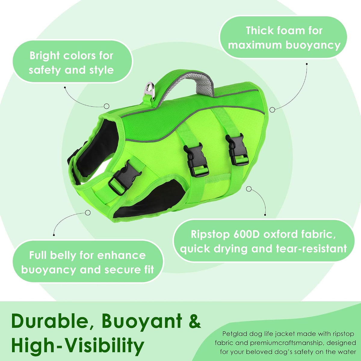 Dog Life Jacket with Handle Adjustable Swim Vest, Pine Green, L
