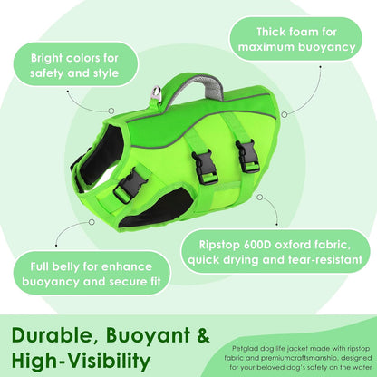 Dog Life Jacket with Handle Adjustable Swim Vest, Pine Green, L