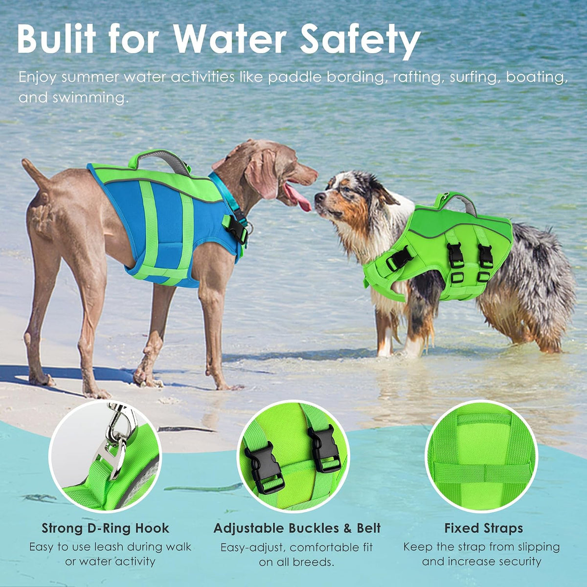 Dog Life Jacket with Handle Adjustable Swim Vest, Pine Green, L