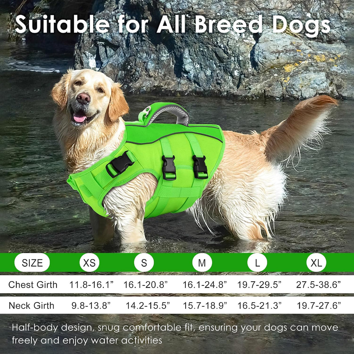 Dog Life Jacket with Handle Adjustable Swim Vest, Pine Green, L