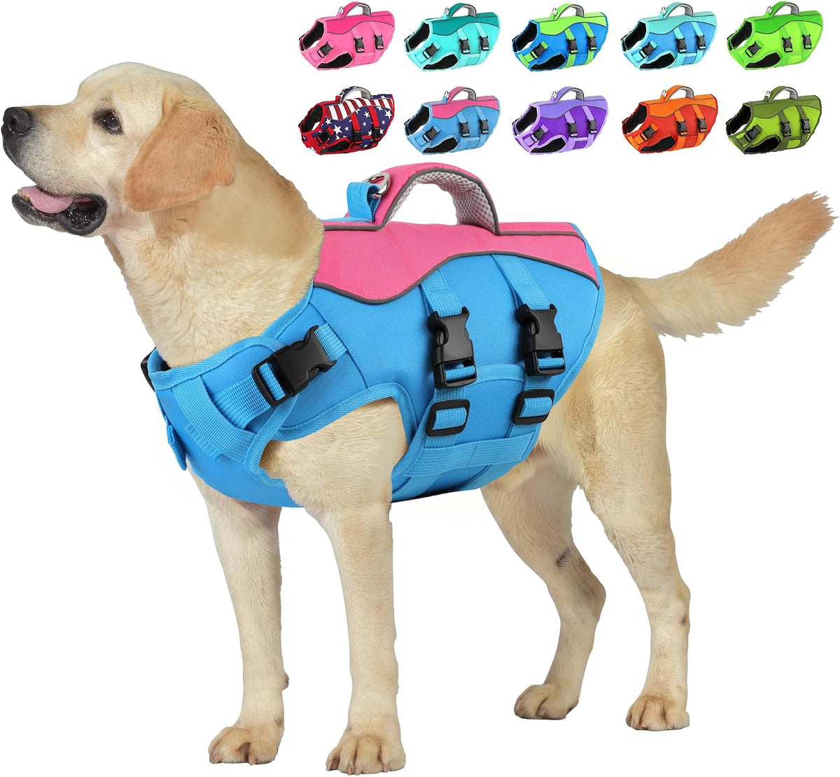 Dog Life Jacket with Handle Adjustable Swim Vest, Pine Green, L