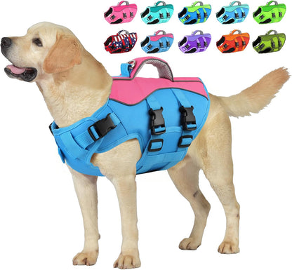 Dog Life Jacket with Handle Adjustable Swim Vest, Pine Green, L