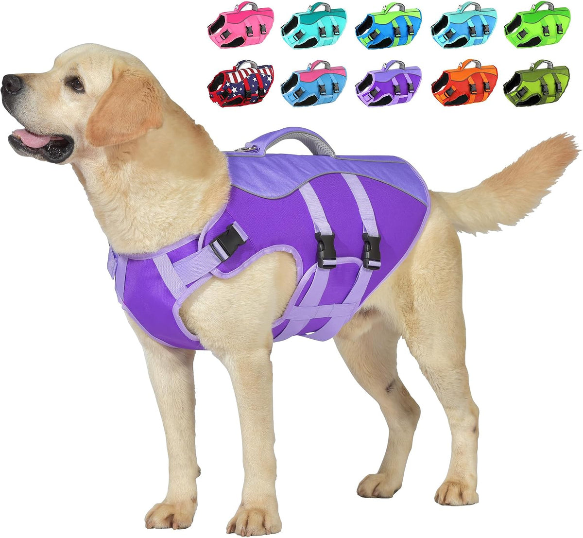 Dog Life Jacket with Handle Adjustable Swim Vest, Pine Green, L