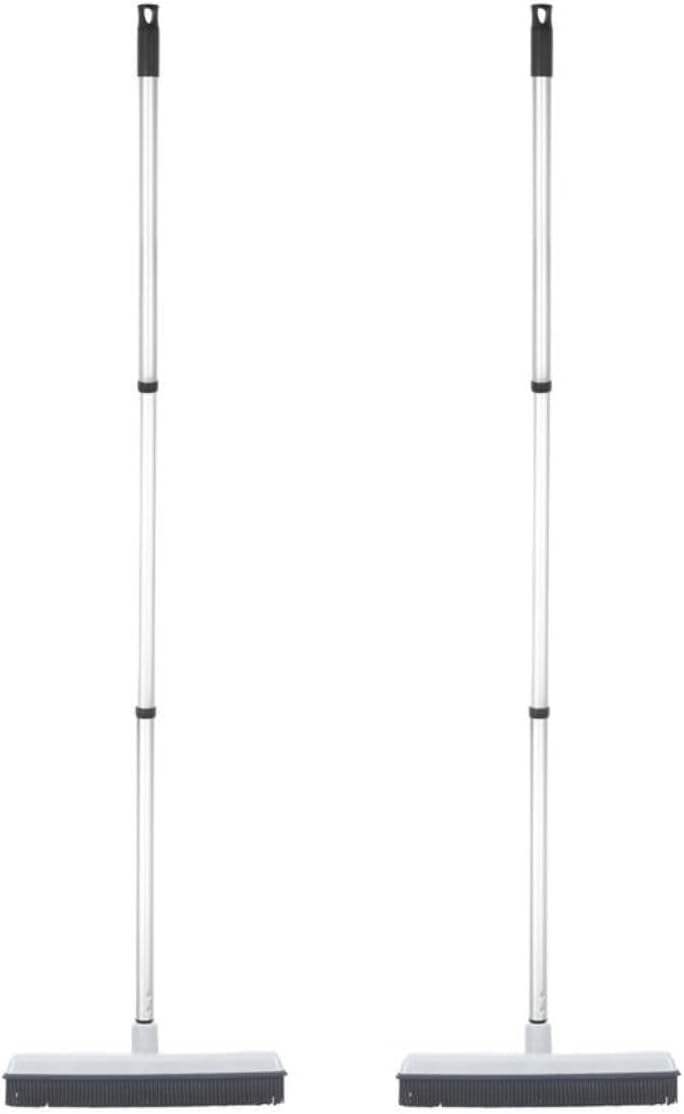 Rubber Bristle Broom for Floors Salon Broom, Rubber Squeegee Broom, Rug Broom, Rubber Rake for Human Hair, Pet Hair, Fur, Lint, Liquid, with 3-Part Handle, Grey