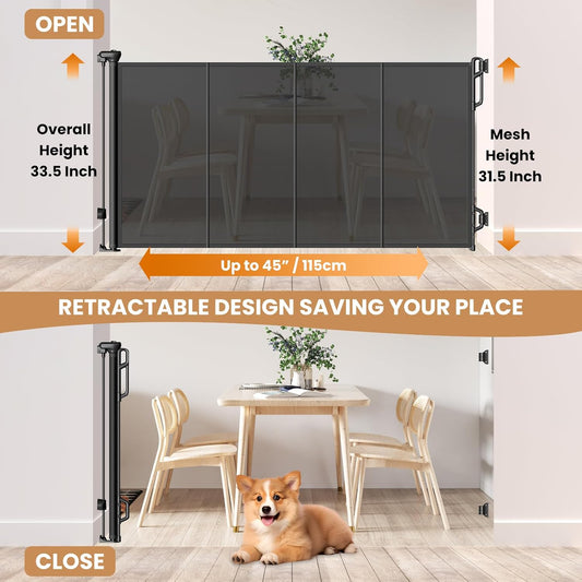 Spaceany Reinforced Retractable Baby Gate or Mesh Dog Gate,Easy to Use for Stairs, Doorways, Hallways, Indoor, Outdoor, Wide Pet Gate 33.5" Tall, Extends to 45" Wide, Gray