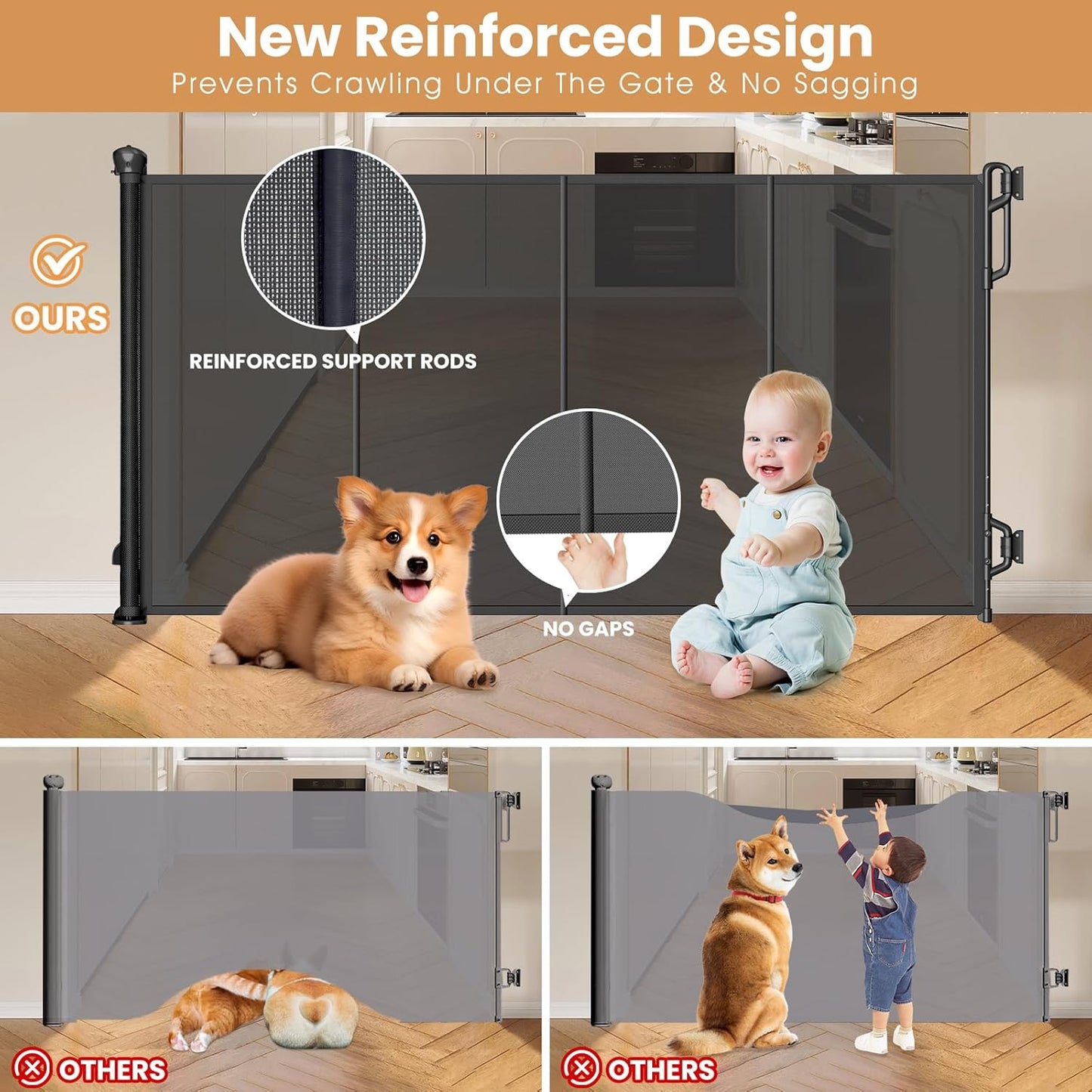 Spaceany Reinforced Retractable Baby Gate or Mesh Dog Gate,Easy to Use for Stairs, Doorways, Hallways, Indoor, Outdoor, Wide Pet Gate 33.5" Tall, Extends to 45" Wide, Gray