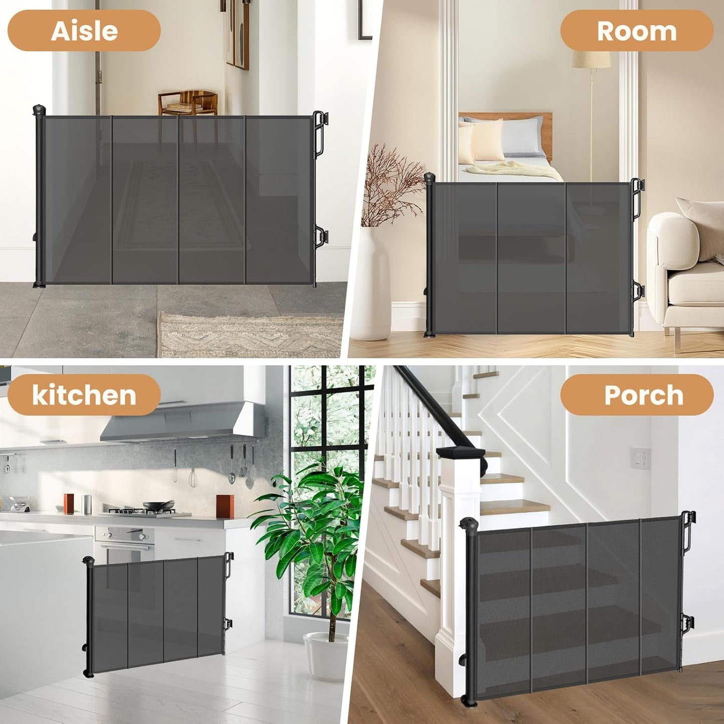 Spaceany Reinforced Retractable Baby Gate or Mesh Dog Gate,Easy to Use for Stairs, Doorways, Hallways, Indoor, Outdoor, Wide Pet Gate 33.5" Tall, Extends to 45" Wide, Gray