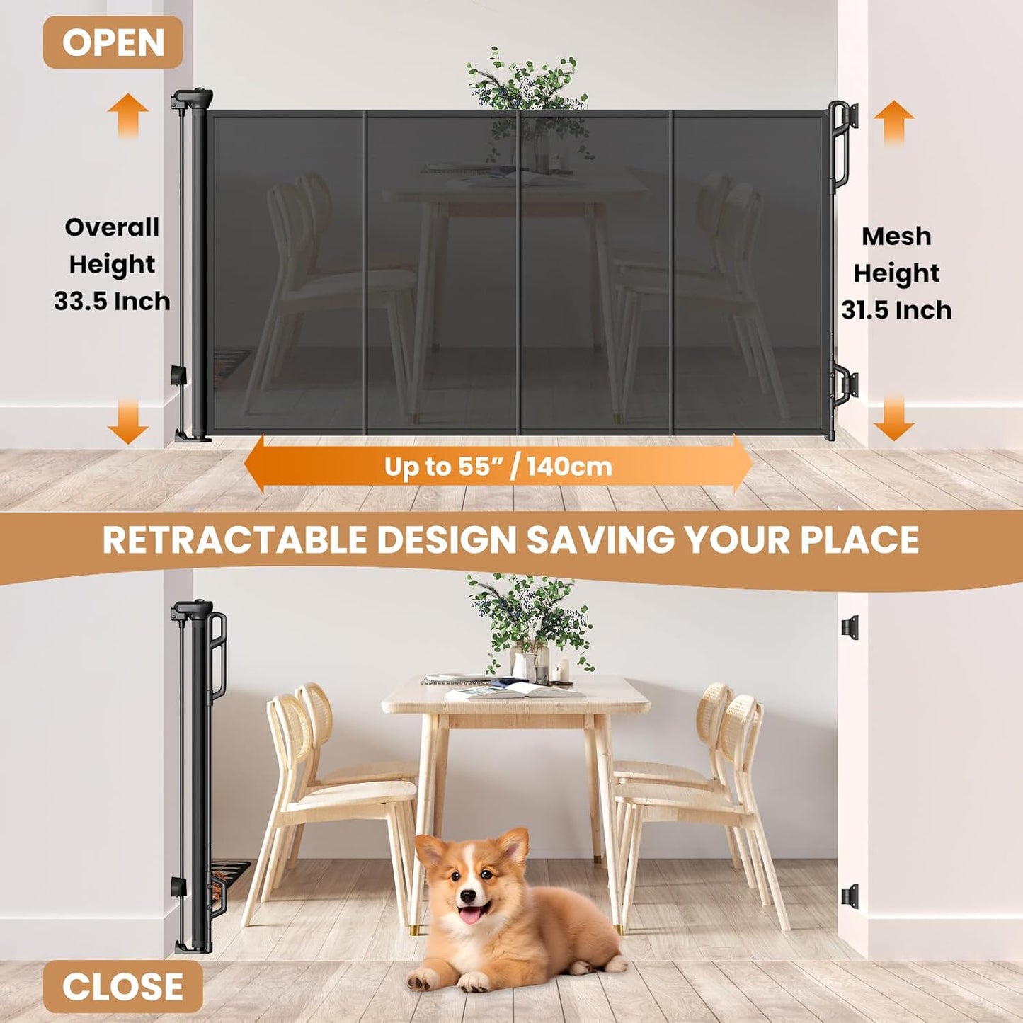 Spaceany Reinforced Retractable Baby Gate or Mesh Dog Gate,Easy to Use for Stairs, Doorways, Hallways, Indoor, Outdoor, Wide Pet Gate 33.5" Tall, Extends to 45" Wide, Gray