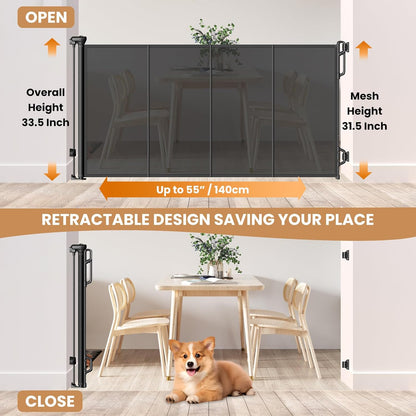 Spaceany Reinforced Retractable Baby Gate or Mesh Dog Gate,Easy to Use for Stairs, Doorways, Hallways, Indoor, Outdoor, Wide Pet Gate 33.5" Tall, Extends to 45" Wide, Gray
