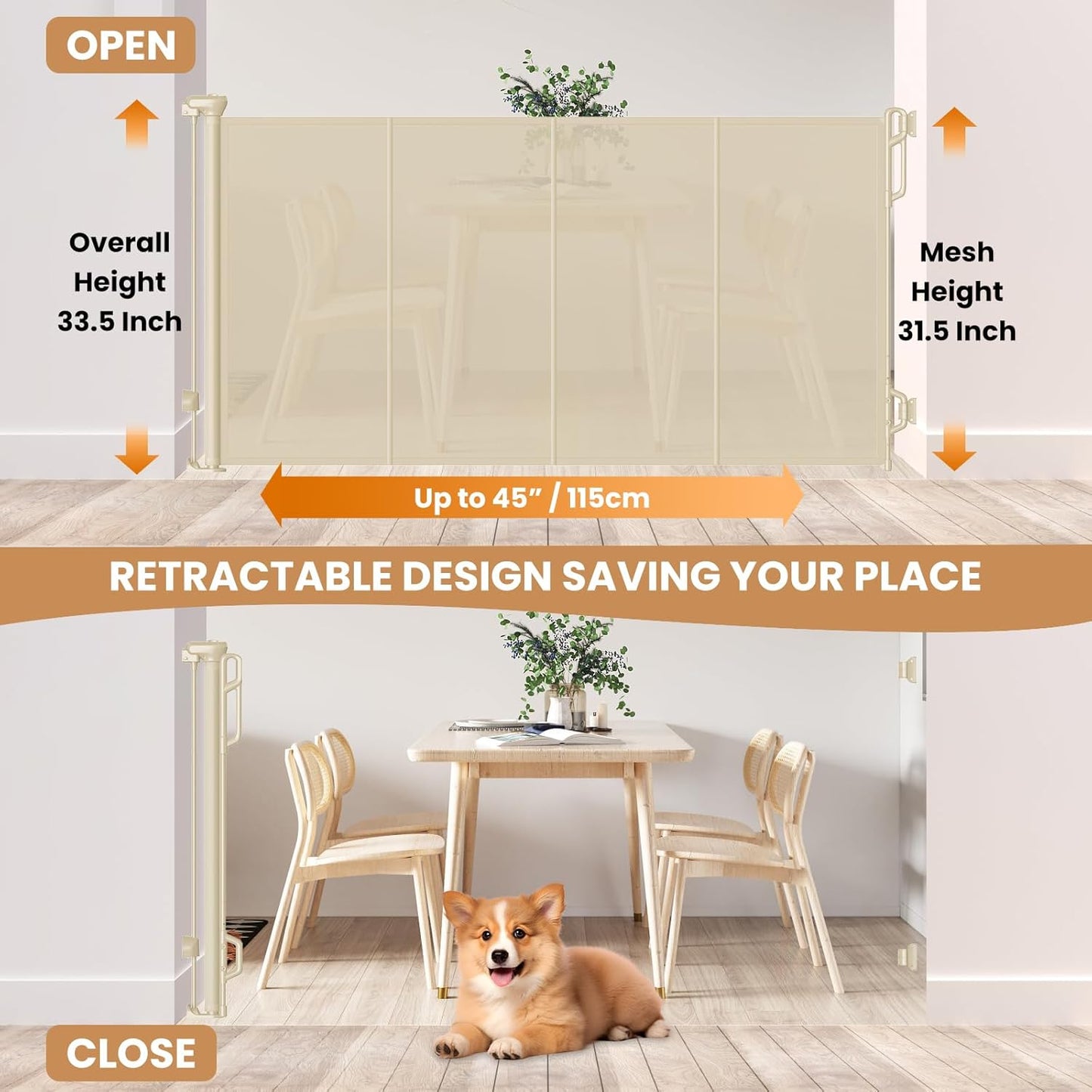 Spaceany Reinforced Retractable Baby Gate or Mesh Dog Gate,Easy to Use for Stairs, Doorways, Hallways, Indoor, Outdoor, Wide Pet Gate 33.5" Tall, Extends to 45" Wide, Gray