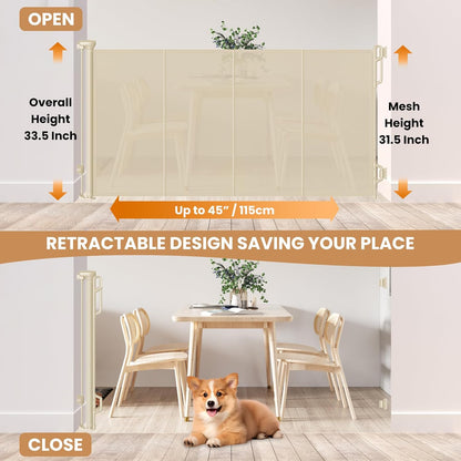 Spaceany Reinforced Retractable Baby Gate or Mesh Dog Gate,Easy to Use for Stairs, Doorways, Hallways, Indoor, Outdoor, Wide Pet Gate 33.5" Tall, Extends to 45" Wide, Gray