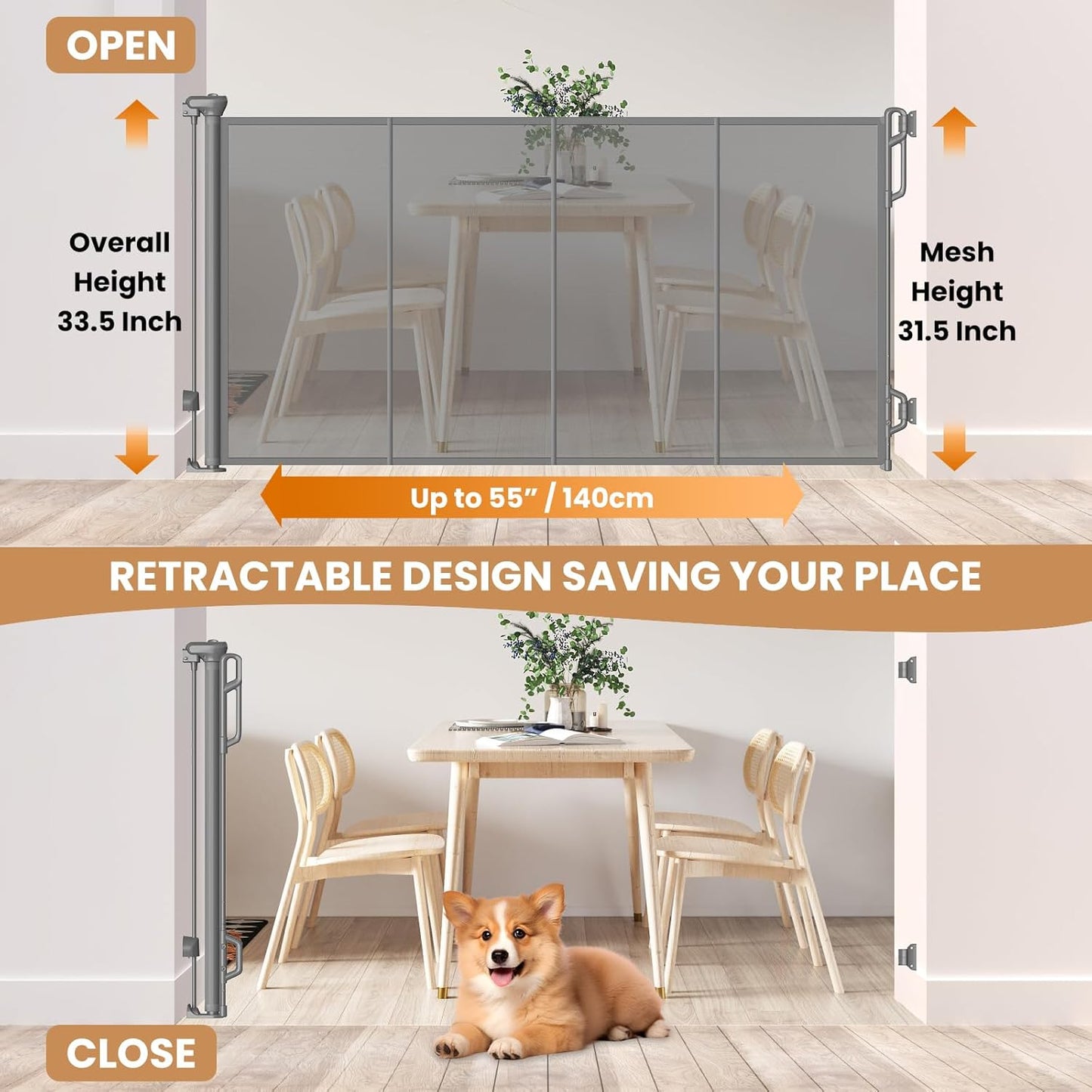 Spaceany Reinforced Retractable Baby Gate or Mesh Dog Gate,Easy to Use for Stairs, Doorways, Hallways, Indoor, Outdoor, Wide Pet Gate 33.5" Tall, Extends to 45" Wide, Gray