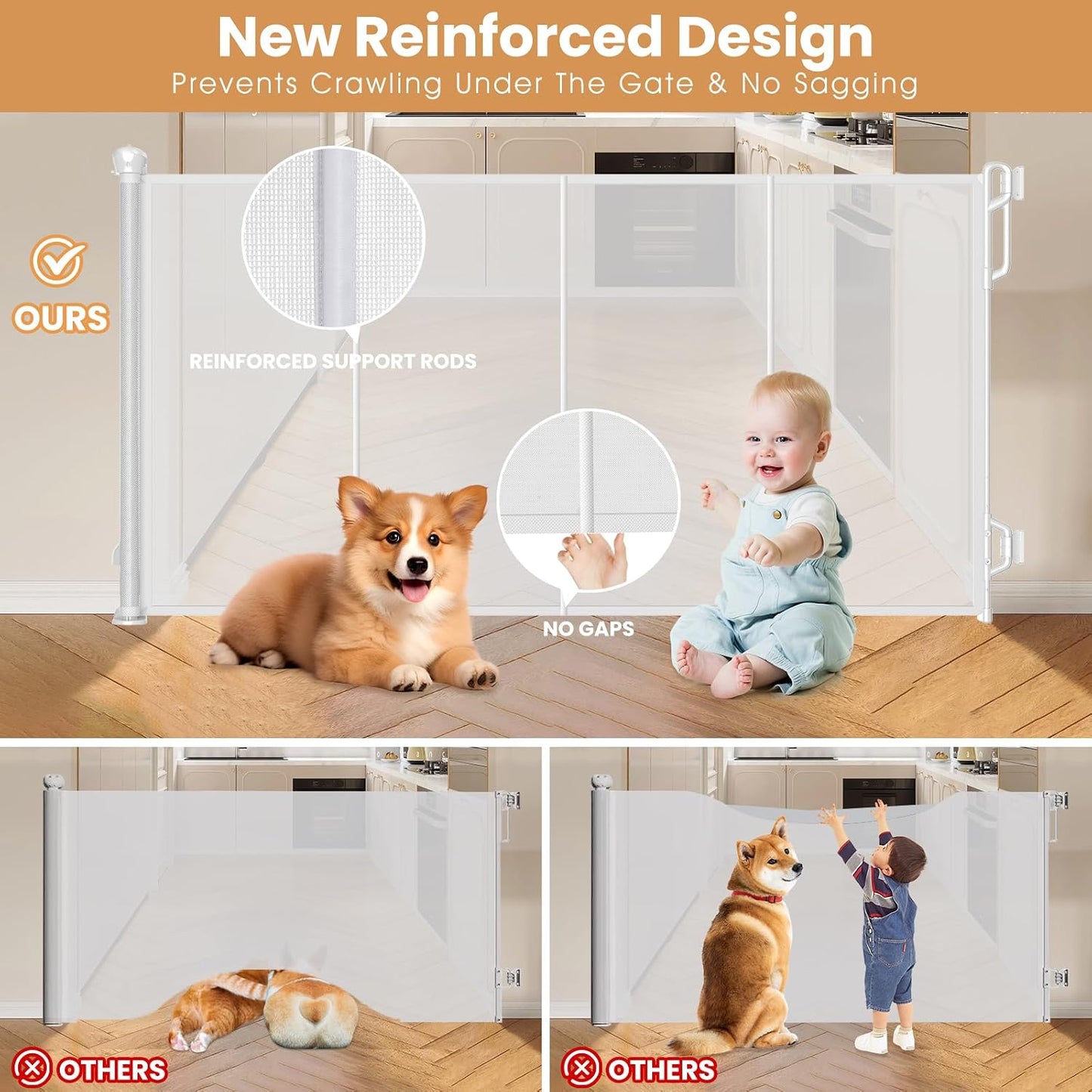 Spaceany Reinforced Retractable Baby Gate or Mesh Dog Gate,Easy to Use for Stairs, Doorways, Hallways, Indoor, Outdoor, Wide Pet Gate 33.5" Tall, Extends to 45" Wide, Gray
