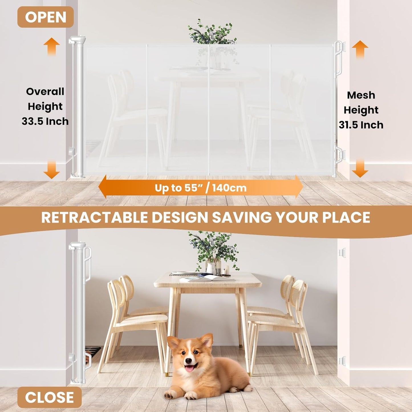 Spaceany Reinforced Retractable Baby Gate or Mesh Dog Gate,Easy to Use for Stairs, Doorways, Hallways, Indoor, Outdoor, Wide Pet Gate 33.5" Tall, Extends to 45" Wide, Gray