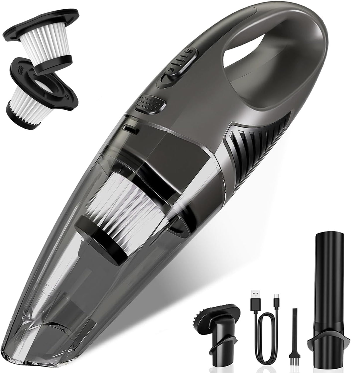 Handheld Vacuum Cordless, Rechargeable Car Vacuum Cleaner with Multiple Attachments, Portable Hand Held Vacuum Suction Power, Mini Vacuum for Car, Home, Pet Hair, Office, Desk, Keyboards Black Silver