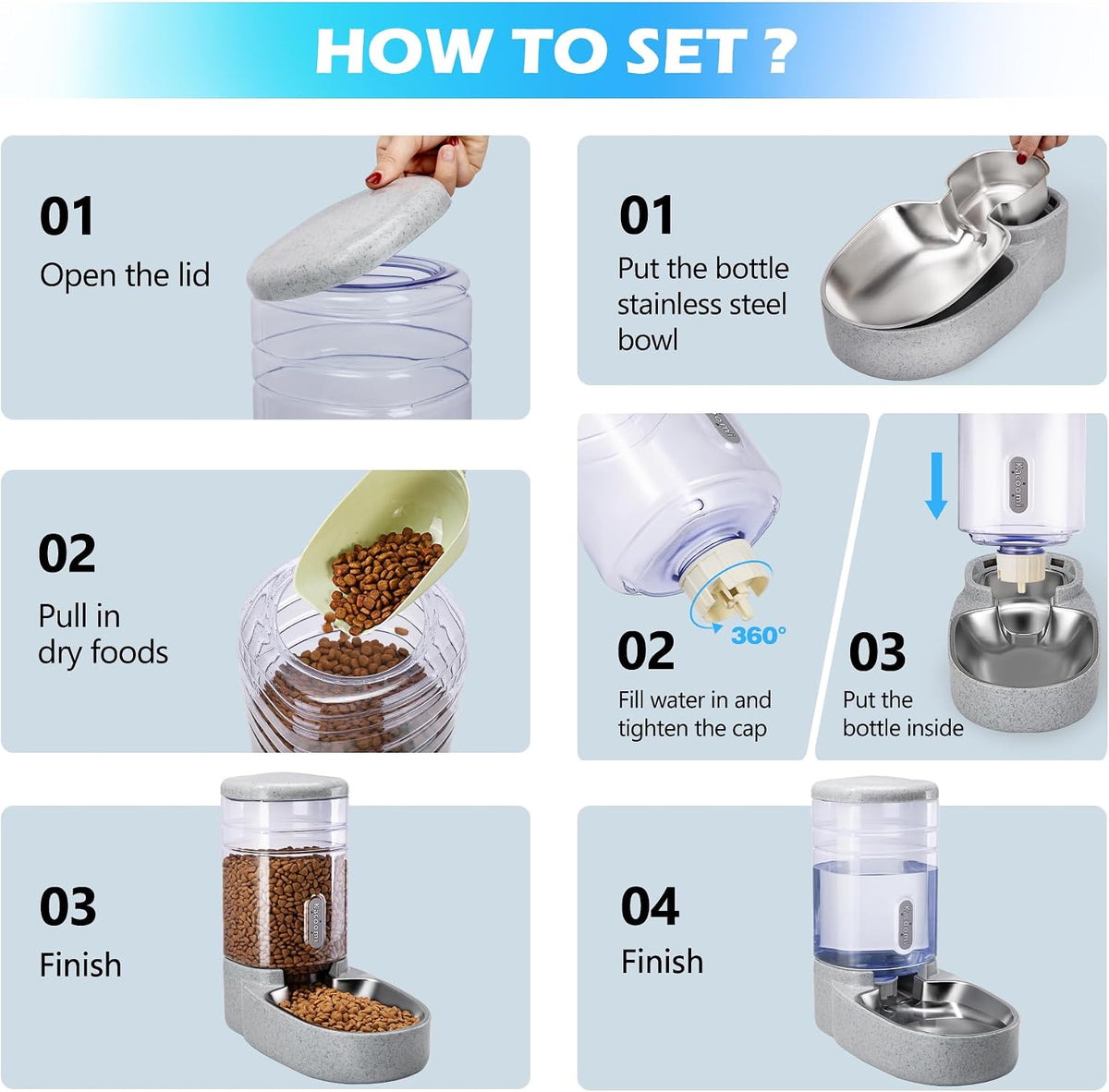 Automatic Cat Feeder and Water Dispenser with Stainless Steel Bowl Gravity Food Feeder and Waterer Set for Small Medium Dog Puppy Kitten 1 Gallon x 2(Grey)