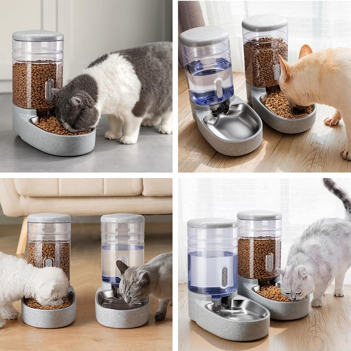Automatic Cat Feeder and Water Dispenser with Stainless Steel Bowl Gravity Food Feeder and Waterer Set for Small Medium Dog Puppy Kitten 1 Gallon x 2(Grey)