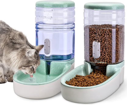 Automatic Cat Feeder and Water Dispenser with Stainless Steel Bowl Gravity Food Feeder and Waterer Set for Small Medium Dog Puppy Kitten 1 Gallon x 2(Grey)