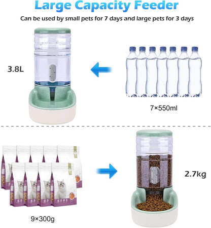 Automatic Cat Feeder and Water Dispenser with Stainless Steel Bowl Gravity Food Feeder and Waterer Set for Small Medium Dog Puppy Kitten 1 Gallon x 2(Grey)