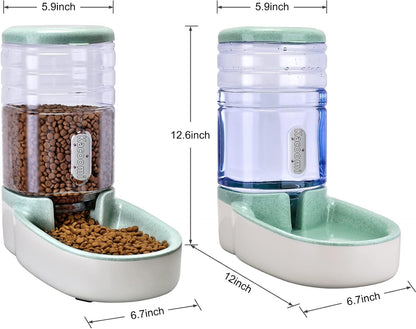 Automatic Cat Feeder and Water Dispenser with Stainless Steel Bowl Gravity Food Feeder and Waterer Set for Small Medium Dog Puppy Kitten 1 Gallon x 2(Grey)