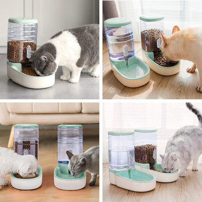Automatic Cat Feeder and Water Dispenser with Stainless Steel Bowl Gravity Food Feeder and Waterer Set for Small Medium Dog Puppy Kitten 1 Gallon x 2(Grey)