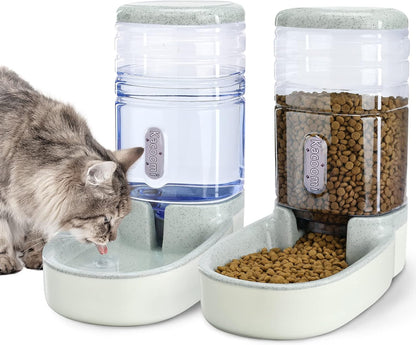 Automatic Cat Feeder and Water Dispenser with Stainless Steel Bowl Gravity Food Feeder and Waterer Set for Small Medium Dog Puppy Kitten 1 Gallon x 2(Grey)
