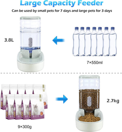 Automatic Cat Feeder and Water Dispenser with Stainless Steel Bowl Gravity Food Feeder and Waterer Set for Small Medium Dog Puppy Kitten 1 Gallon x 2(Grey)