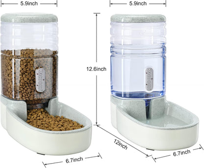 Automatic Cat Feeder and Water Dispenser with Stainless Steel Bowl Gravity Food Feeder and Waterer Set for Small Medium Dog Puppy Kitten 1 Gallon x 2(Grey)