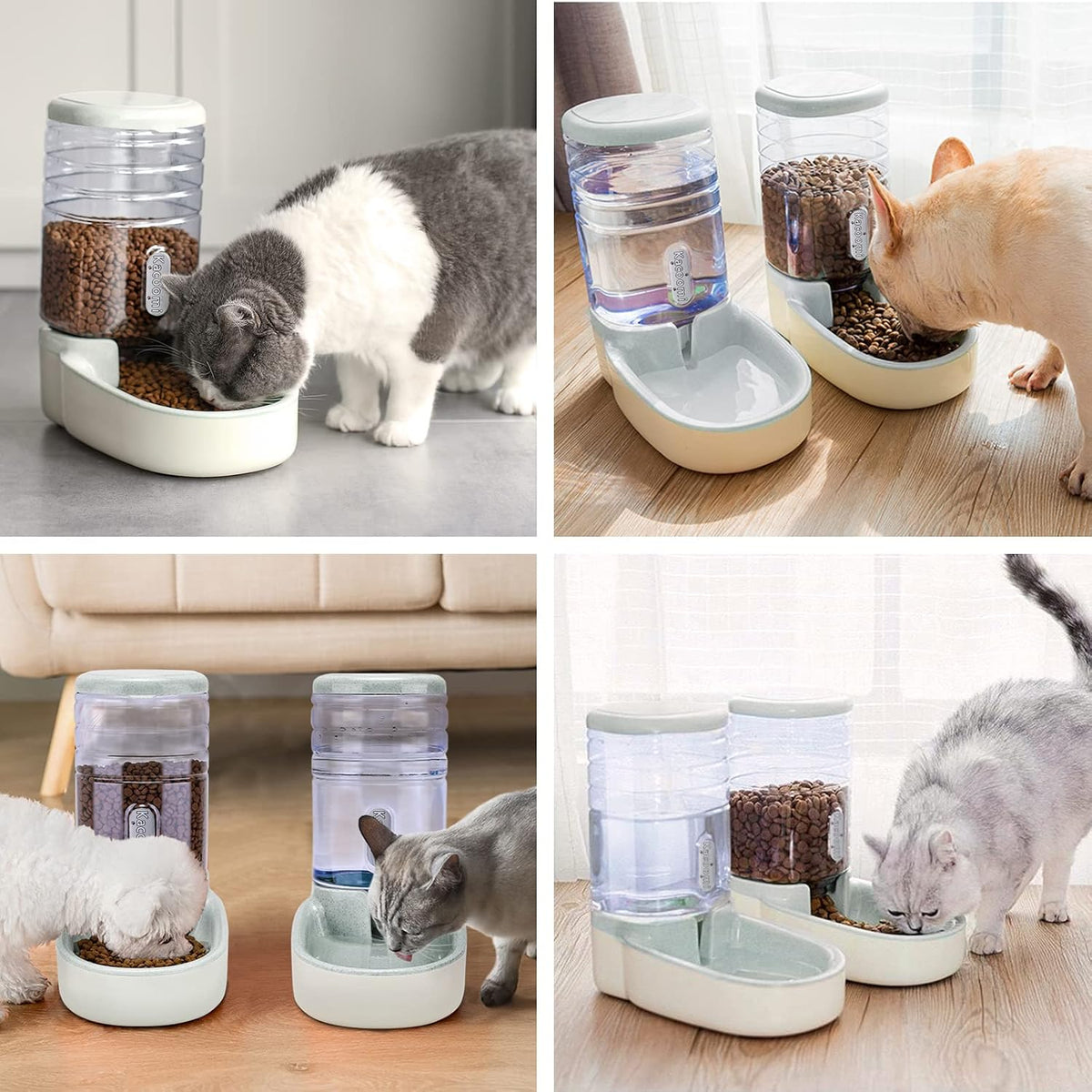 Automatic Cat Feeder and Water Dispenser with Stainless Steel Bowl Gravity Food Feeder and Waterer Set for Small Medium Dog Puppy Kitten 1 Gallon x 2(Grey)
